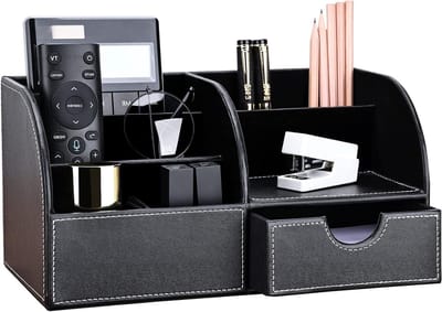 Elegante PU Leren Bureau Organizer met 6 Compartimenten en Lade - Pennen, Potloden en Kantoorbenodigdheden Opbergen in Stijl