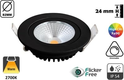 Inbouw LED Spot ZWART | 5 Watt | 450 Lumen | 2700K Warm Wit | Kantelbaar | IP44 | Dimbaar | CRI90 | Gatmaat 72mm