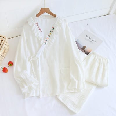 Set Nieuwe Dames Lente en Herfst Pyjama Lange Mouwen Broek 100% Katoen Crêpe Huispak Tweedeelig Pak L wit