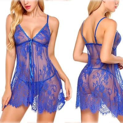Prachtige complete Sexy NachtJurk met String, Nachtmode voor Dames, sexy Lingerie,Sexy Pyjama dames babydoll, Nachtjapon  "Blauwe",maatM