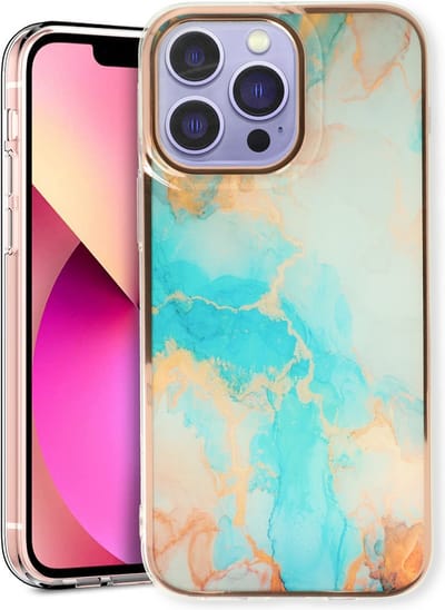 Casemania Hoesje Geschikt voor Apple iPhone 14 Pro - Aqua - Siliconen Marmer Back Cover