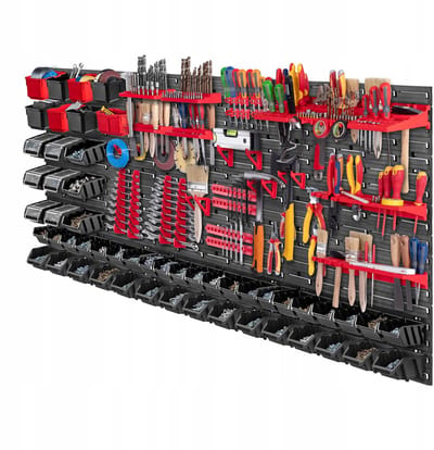 KADAX Gereedschapswandrek, groot, 174 x 78 cm, opslagsysteem van robuust kunststof, uv-bestendig modulesysteem, uitbreidbare wandplaten, werkplaatsrek voor garage (rood en zwart, 100 stuks)