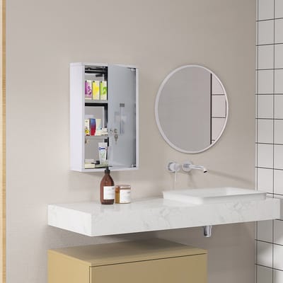 MEUNIQ medicijnkast / EHBO-kast 30 x 18 x 50 cm wandmontage met slot, roestvrij staal en satijnglas, voor badkamer of huishoudelijke opbergruimte, zilver