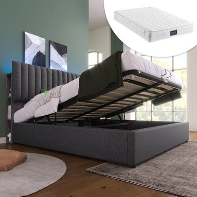 STILVORA Gestoffeerd bed 140x200 cm – Bed Met LED & USB/Type-C – Gaslift Opbergruimte – Met Verstelbaar Hoofdeinde – Linnen – Grijs – Zonder matras