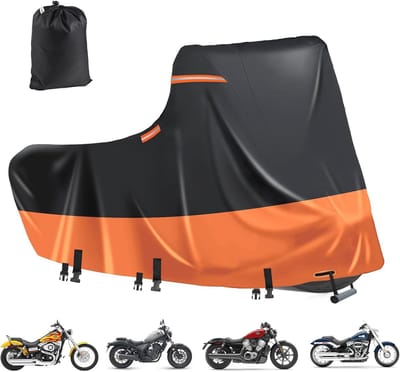 Waterdichte motorhoes voor scooter - 600D outdoor dekzeil met ventilatie en reflecterende strepen - Bescherming tegen weer en UV-straling (XL, 218 x 99 x 129 cm, Zwart-Oranje)