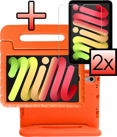 Hoes - Geschikt voor Apple iPad Mini 7 (2024) - 8.3 inch - 7e Generatie - Met 2x Screenprotector - Kinderhoes Shockproof Bumper - Kidsproof Case - Tablet Hoesje - Kinder Cover - Oranje