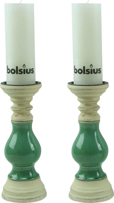 2 x Kaarsenhouder kandelaar - 28 x 12 cm- incl. Bolsius Stompkaars Rustiek Wit 190x68 mm