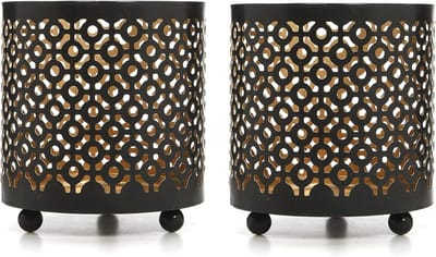 Set van 2 Zwarte Metalen Lantaarns met Gouden Binnenkant voor Theelichtjes en Votives