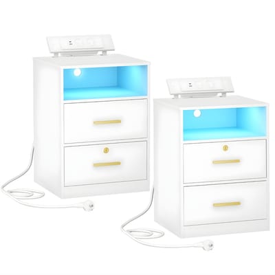 Nachtkastjes Set van 2 – Voor Slaapkamer – Bijzettafels met Oplaadstation, LED-Verlichting, 1 Open Vak en 2 Lades – Wit