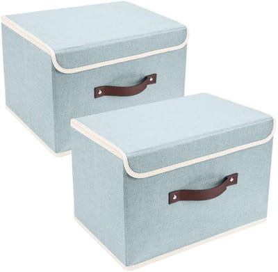 Unyqoos ® Opvouwbare Stoffen Opslagboxen met Deksel, Wasbaar en Ruimtebesparend, 38x25x25 cm, Set van 2, Aqua Spring