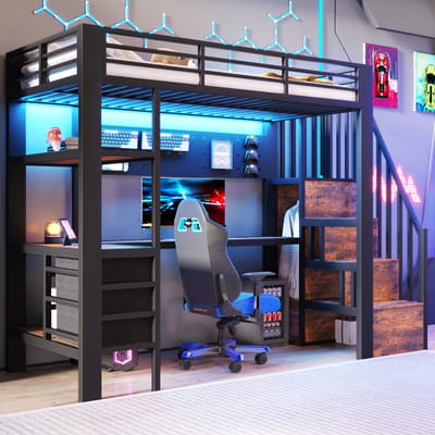 Hoogslaper 90 x 200 cm – met hydraulische opbergruimte, bureau en lades – voor kinderkamer en tienerkamer – praktisch ruimtebesparend ontwerp