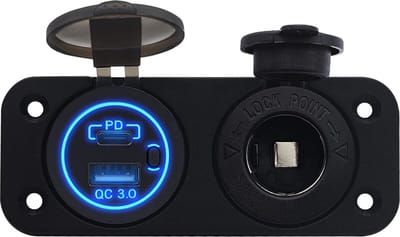 ProRide 12V USB/USB C Stopcontact 2 Poorten Inbouw met Schakelaar - QC3.0 - met 12/24V Sigaretten stopcontact - Blauw