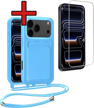 Hoesje Geschikt voor iPhone 17 Pro Max / 18 Pro Max Hoesje Met Telefoonkoord en Pasjeshouder Met Screenprotector Siliconen - Hoes Geschikt voor iPhone 17 Pro Max / 18 Pro Max Hoesje Met Kaarthouder Case - Lichtblauw