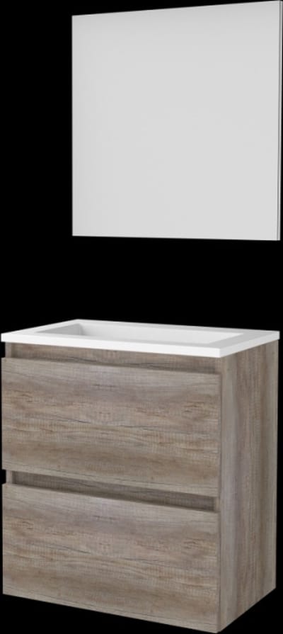 Basic-Line Basic 39 Badkamermeubelset - Ondiep - 60 x 39 cm - Greeploos - 2 Lades - Acryl Wastafel - Zonder Kraangat - Spiegel - Scotch Oak