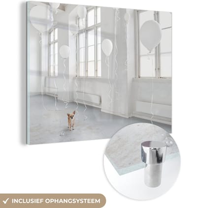 MuchoWow® Glasschilderij 160x120 cm - Schilderij acrylglas - Hond - Wit - Ballon - Foto op glas - Schilderijen