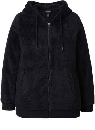 Ulla Popken - Dames - Teddy jas capuchon lange mouwen zachte teddypluche - Zwart - Maat 42+