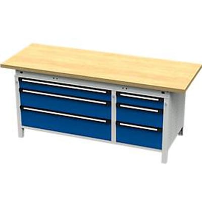 Otto Kind brede werkbank type 425, multiplexplaat van beukenhout, met overhang, tot 1400 kg, B 2004 x D 750 x H 850 mm, staal, centrale vergrendeling, lichtgrijs/geniaanblauw
