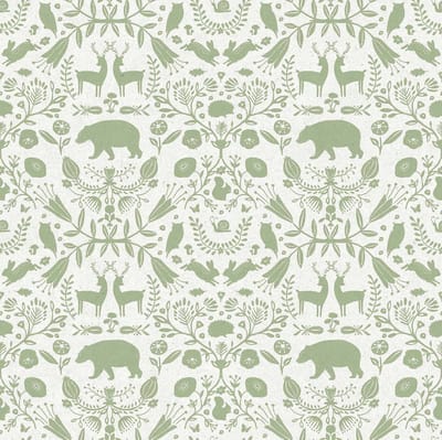 Behang - Kinderkamer – Bosdieren – Groen - Wit - Babykamer - Kinderbehang – Dieren Silhouetten - 0,53 x 10,05 M