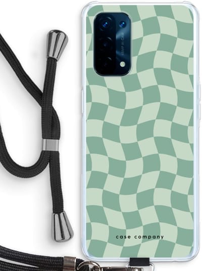 Case Company® - Hoesje met koord geschikt voor Oppo A74 5G hoesje met Koord - Grid Groen - Telefoonhoesje met Zwart Koord - Bescherming aan alle Kanten en Over de Schermrand