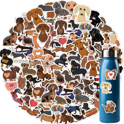 JHUBERS- Dachshund Stickers 60 Stuks - Kawaii Dierenstickers - Waterdichte PVC Stickers - Decoratie voor Waterflessen/Laptops - Duurzaam en Kleurrijk