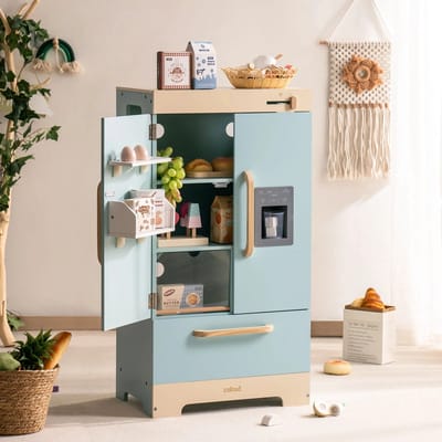 Robotime - ROBUD Houten Speelgoed Koelkast Vriezer Set - Hemelsblauw - Speelset met Volledige Accessoires - Voor Peuters 3+