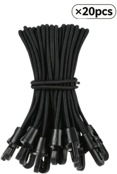Elastisch touw met haak - bagagetouw - elastisch koord - 15 cm - multifunctioneel - geschikt voor kampeerzeilen, tenten en luifels - verpakking van 20 stuks - zwart