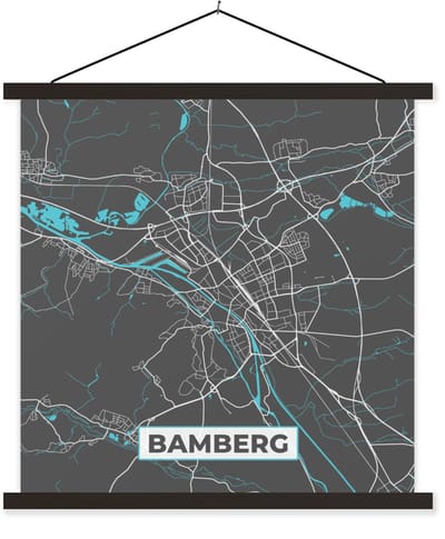 Posterhanger incl. Poster 40x40 cm - Schoolplaat - Stadskaart – Plattegrond – Duitsland – Blauw – Bamberg – Kaart - Textielposter - Zwarte latten - Stadskaart