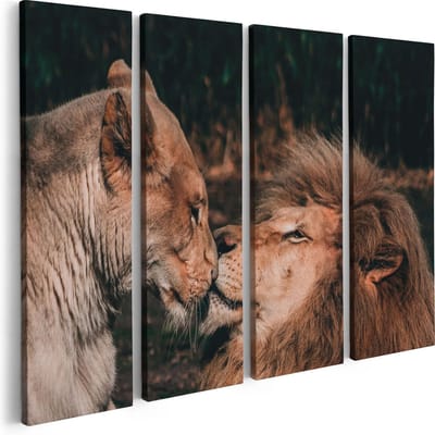 Artaza Canvas Schilderij Vierluik Leeuw En Leeuwin Koppel - Liefde - 80x60 - Foto Op Canvas - Canvas Print