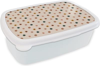 Broodtrommel Wit - Lunchbox - Brooddoos - Bloemen - Patronen - Stippen - 18x12x6 cm - Volwassenen