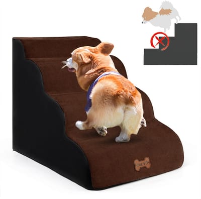 CALIYO Hondentrap - Trap Hond 4 Treden – 40x75x50 cm - Hondentrapje voor Honden - Hondenloopplank - Opstapje Hond - Foam - Bruin