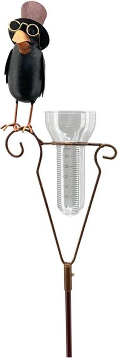 Regenmeter op stok met een raaf met hoed 21x9x152 cm tuinsteker metaal