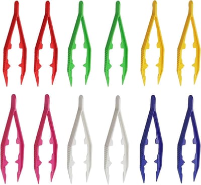 Kunststof Pincetten - Meerkleurige pincetten - Kleine voorwerpen oppakken - Getande punt - 12 stuks 10 cm - Meerkleurig