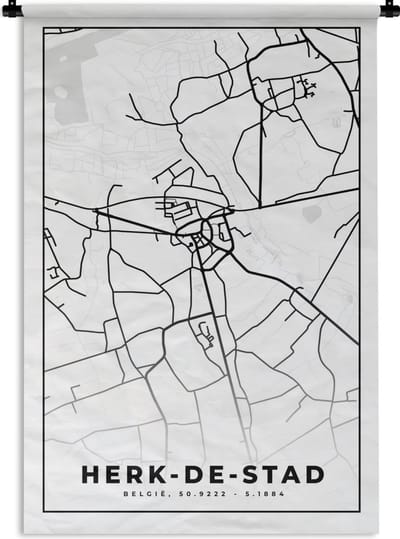 Wandkleed - Wanddoek - Stadskaart – Plattegrond – België – Zwart Wit – Herk de Stad – Kaart - 120x180 cm - Wandtapijt