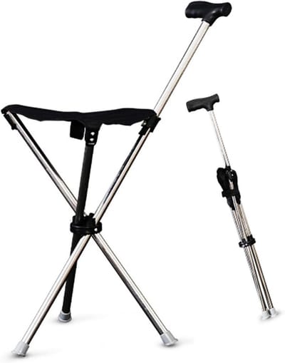 Wandelstok met Zitting - Kruk Stok - Ondersteuning bij Wandelen - Opvouwbaar en Draagbaar - 150 kg Draagvermogen - Zilver