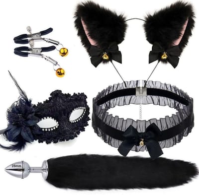 Oneay BDSM Speelgoedset – Anaalplug met Vossenstaart, Halsband, Tepelklemmen & Kattenoortjes & Blinddoeken– Rollenspel Set voor Beginners (Vrouwen) - Zwart