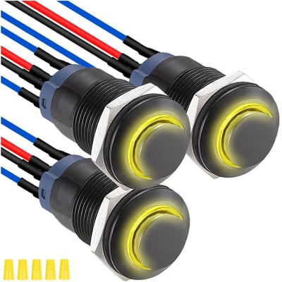 3 Stuks 12mm Drukknoppen Zwart Metaal IP65 Waterdicht met Gele LED - Zelfvergrendelend