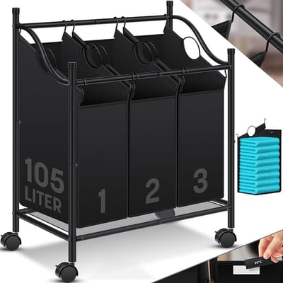 Wasmand 3 Vakken - Wassorteerder - Wasmand met Wielen - Zwart