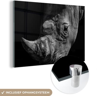 MuchoWow® Glasschilderij 120x80 cm - Schilderij acrylglas - Neushoorn - Wild dier - Portret - Foto op glas - Schilderijen