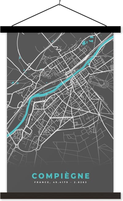 Posterhanger incl. Poster 40x60 cm - Schoolplaat - Compiègne - Kaart - Stadskaart - Plattegrond - Frankrijk - Textielposter - Zwarte latten - Stadskaart