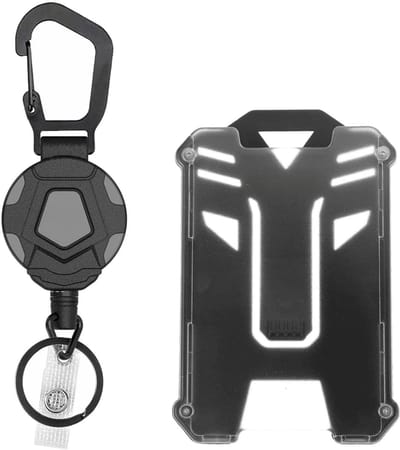 Fako Bijoux - Robuuste Uittrekbare Sleutelhanger Met Koord En Kaarthouder Panter - Met Karabijnhaak En Badgehouder - Pentagoon Duo - 80 cm Stalen Koord - Heavy Duty Sleutelhanger - Stevige ID-Haspel Voor Werk En Evenementen