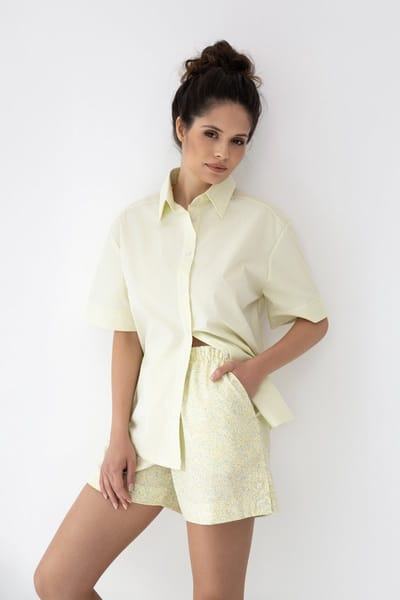 Sensis Katoenen Shortama Pyjama Dames Bloemenprint Knoopsluiting Limoen Groen OPHELIA 36 / S