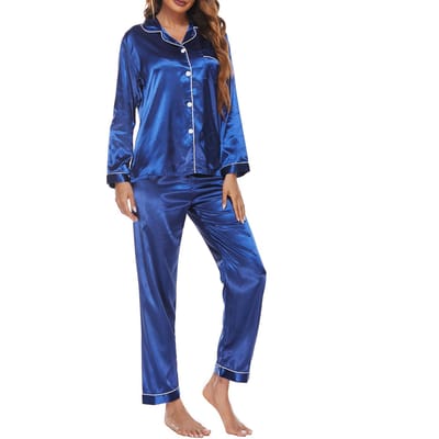 Ensemble pyjama en Satin doux pour femmes, manches longues, col cranté, boutons, vêtements de nuit L bleu royal