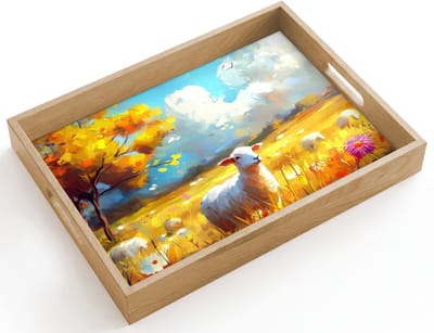 Dienblad hout 40x30 cm - Schootdienblad - Schaap - Weide - Bloemen - Borrelplank rechthoek - Plateau dienbladen