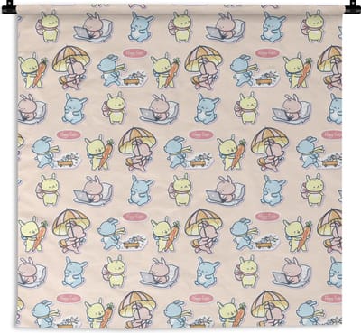 Wandkleed - Wanddoek - Patronen - Konijn - Cartoon - Pastel - Kinderen - 180x180 cm - Wandtapijt