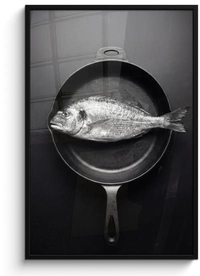 Poster in lijst - Fotolijst 80x120 cm - Posters - Pan - Vis - Zwart - Wit - Posterlijst zwart - Decoratie - Wanddecoratie woonkamer - Muurdecoratie slaapkamer