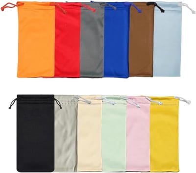Draagbare microvezel brillenzakjes, 12 stuks met trekkoord voor organisatie van brillen, gadgets en reizen in diverse kleuren