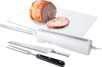 Aura® Elektrisch Broodmes - Elektrisch Mes Met Vingerbescherming – Broodsnijder Incl. Twee Roestvrijstalen Messen - Wit - 6cm x 49cm x 6cm