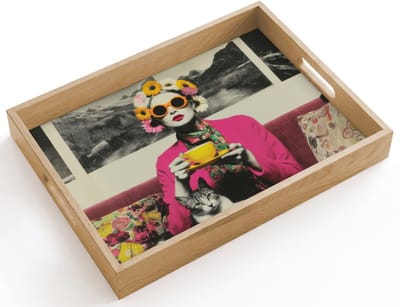 Dienblad hout 40x30 cm - Schootdienblad - Vrouw - Kat - Bloemen - Kopje - Retro - Borrelplank rechthoek - Plateau dienbladen