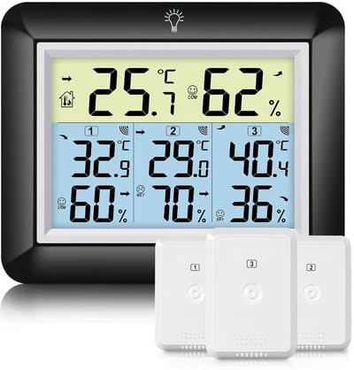Weerstation Draasloos Binnen/Buiten - Draadloze Thermometer - Zwart - 3 Buiten Sensors - 100 m Bereik - Voor Binnen en Buiten