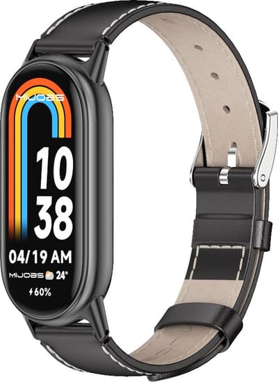 By Qubix - Echt leren bandje - Zwart met zwarte aansluiting - Geschikt voor Xiaomi Smart Band 8 / 9 / 10